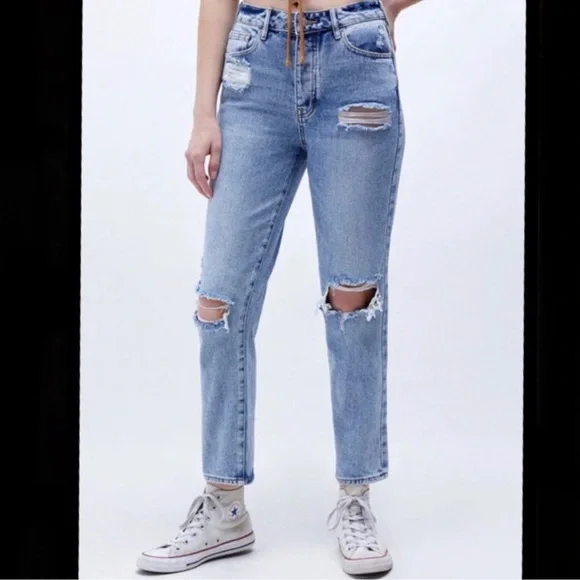 PacSun Mom Jeans Size 28 High Rise Distressed Light Wash Straight Leg - Picture 1 of 11